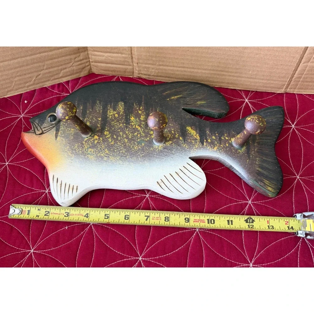 Vintage Wooden Fish Wall Hook Rack Hand Painted Bass Sunfish Cabin Decor 13.5